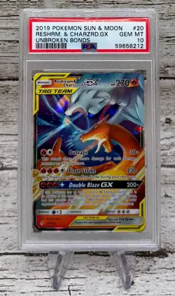 2019 POKEMON RESHIRAM & CHARIZARD GX SUN & MOON UNBROKEN BONDS #20 PSA 10 GEM - Image 1