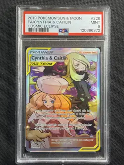 Pokemon Card PSA 9 MINT Cynthia & Caitlin Cosmic Eclipse Tag Team S&M 228/236 - Image 1
