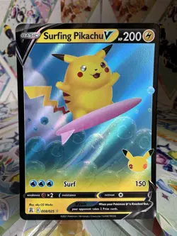 2021 Pokemon Surfing Pikachu V 008/025 Celebrations Holo UR 200 HP Basic Card - Image 1