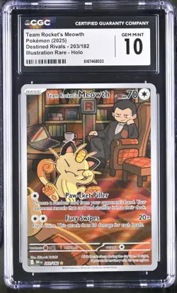 Pokemon Team Rocket's Meowth 203/182 Illustration Rare Destined Rivals - CGC 10 - Image 1
