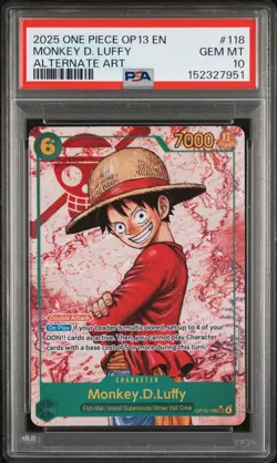 2025 One Piece OP13 English MONKEY D. LUFFY Alternate Art PSA 10 #118 - Image 1