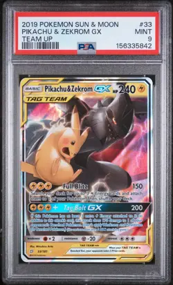 PIKACHU & ZEKROM GX 2019 POKEMON TEAM UP RARE HOLO GX 33/181 PSA 9 - Image 1