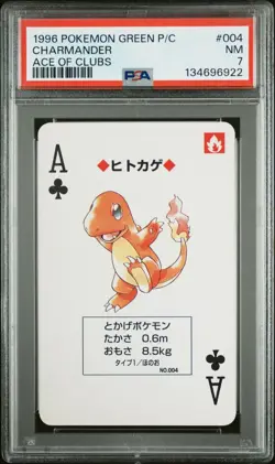 1996 POKEMON GREEN VERSION PLAYING CARDS 004 CHARMANDER ACE OF CLUBS PSA 7 - Image 1