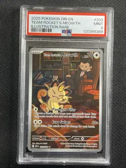 Pokemon Card PSA 9 MINT Team Rocket's Meowth Illustration Rare S&V 2025 203/182 - Image 1