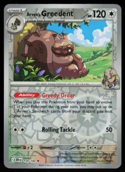 Arven's Greedent 159/182 Rare Destined Rivals Pokemon Reverse Holo Near Mint - Image 1