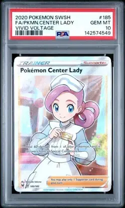PSA 10 GEM MINT Pokemon Center Lady Vivid Voltage Full Art Holo Pokemon 185/185 - Image 1