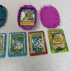 Vintage Blue and Pink Digimon Digivice & 6 Metal Trading Cards Taco Bell Bandai - Image 3