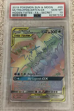 PSA 10 2019 Pokemon Hidden Fates Moltres Zapdos Articuno GX 69/68 Rainbow Secret - Image 1