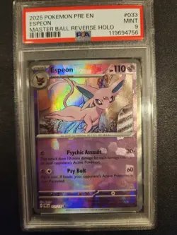 2025 Pokemon PRE IT Espeon 033/131 Master Ball Reverse Holo PSA 9 - Image 1