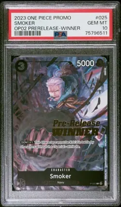 2023 ONE PIECE ENGLISH PROMO SMOKER OP02 PRERELEASE WINNER P-025 PSA 10 GEM MINT - Image 1