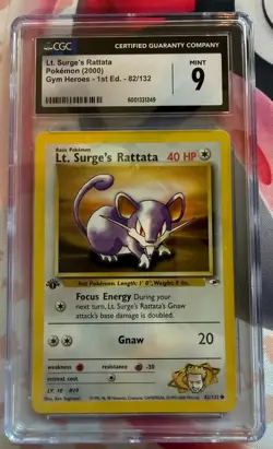 2000 Pokemon Gym Heroes 1st Edition Lt. Surge's Rattata 82/132 CGC 9 - Image 1