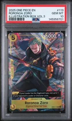 2025 ONE PIECE PROMOS ILLUSTRATION BOX VOL.3 #113 RORONOA ZORO PSA 10 - Image 1