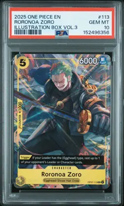 2025 ONE PIECE PROMOS ILLUSTRATION BOX VOL.3 #113 RORONOA ZORO PSA 10 - Image 1