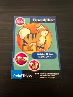 Growlithe Poketrivia Card #58 Pokemon Mewtwo Strikes Back 1999 Burger King - Image 1