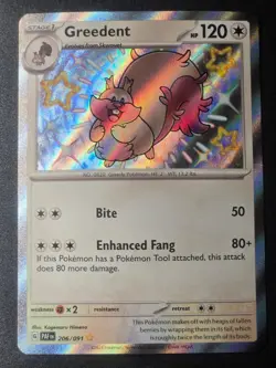 Greedent 206/091 NM Paldean Fates Shiny Rare Pokemon - Image 1