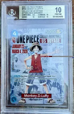 One Piece Monkey.D.Luffy College Voyage Card Beckett 10 Pristine - Image 1