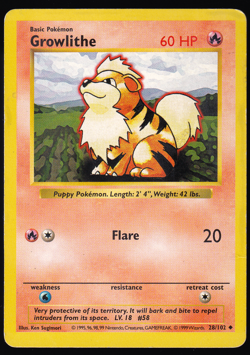 Growlithe 28/102 Shadowless Base Set Pokemon Card 1999 MP - Image 1