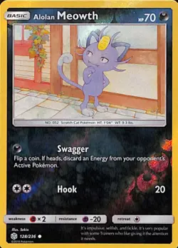 Alolan Meowth 128 Common Pokemon Cosmic Eclipse 236 Reverse Holo 2019 - Image 1