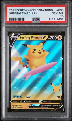 2021 POKEMON CELEBRATIONS #008 SURFING PIKACHU V PSA 10 - Image 1