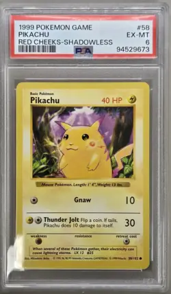 1999 Pokemon Pikachu # 58 Red Cheeks Shadowless PSA 6 EX - MT - Image 1