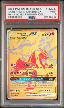 PSA 9 2021 POKEMON SM BLACK STAR PROMO #SM247 FULL ART/RESHIRAM & CHARIZARD GX - Image 1