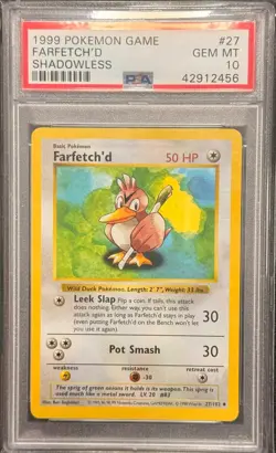 1999 POKEMON BASE SET SHADOWLESS #27 FARFETCH'D PSA 10 44493982 - Image 1