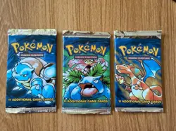 1999 Pokemon Base Set Unlimited Booster Pack Factory Sealed Lot Art Set 3 Packs - Image 1