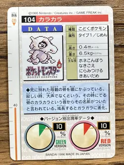 Pokemon Carddass Card Cubone No.104 Bandai Pocket Monsters Red ver. 1996 - Image 2