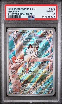 Pokemon TCG 2025 Meowth 106/094 Me02 Phantasmal Flames Holo PSA 8 IR - Image 1