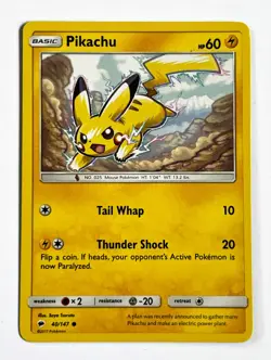 Pikachu 40/147 Common Pokemon Card 2017 Burning Shadows LP - Image 1