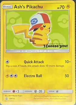 Pokemon TCG Card Ash’s Pikachu SM112 Black Star Promo Sun Moon I Choose You LP - Image 1