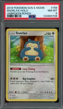 Pokemon Card Snorlax 158/214 Unbroken Bonds Holo Rare PSA 8 NM-MT - Image 1
