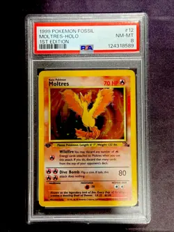 1999 POKEMON FOSSIL #12 MOLTRES HOLO 1ST EDITION PSA 8 NM-MT - Image 1