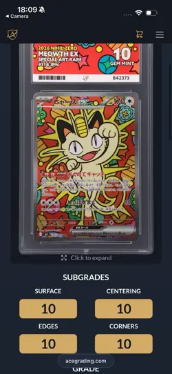 Meowth ex 114/80 Nihil Zero *Ace 10* Perfect Subgrades Japanese Pokemon Card - Image 3