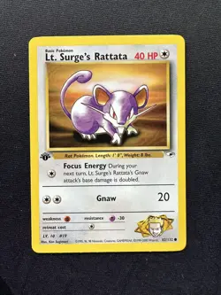82/132 Lt Surge’s Ratatta Gym Heroes 1st Edition Pokemon Card NM Non Holo WOTC - Image 1