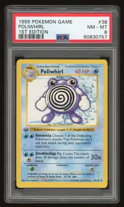 1999 Pokemon 1st Edition Shadowless Poliwhirl #38 PSA 8 Gray Stamp Error - Image 1