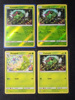 3x Caterpie 1/68 (2 reverse holo), 1x Metapod 2/68 Pokemon card Hidden Fates NM - Image 1