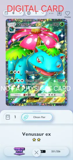 Venusaur EX Pokemon Pocket Mobile Game Card Genetic Apex Set ☆☆ Card For Trade - Image 1