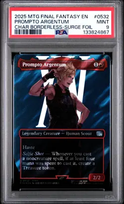 2025 MTG FINAL FANTASY CHARACTER BORDERLESS-SURGE FOIL PROMPTO ARGENTUM PSA 9 - Image 1