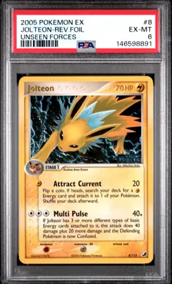 2005 POKEMON EX UNSEEN FORCES #8 JOLTEON-REVERSE FOIL PSA 6 - Image 1