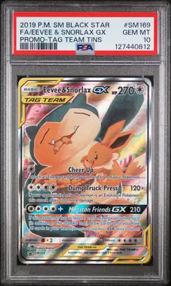 2019 Pokemon Black Star Eevee & Snorlax Gx Full Art #SM169 PSA 10 Tag Team Tins - Image 1
