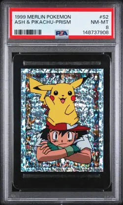 PSA 8 NM/MT 1999 MERLIN POKEMON S2 ASH & PIKACHU-PRISM - Image 1