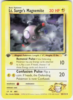 Lt. Surge's Magnemite 50/132 Uncommon Gym Heroes Pokemon 1st Edition LP - Image 1