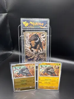 Pokemon Tauros Metal Card Non-TCG Fan-Art Custom Slab +2 Real TCG Tauros Cards - Image 1