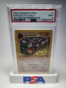 1999 Pokemon Fossil 1st First Edition Prerelease Aerodactyl 1/62 Holo PSA 9 MINT - Image 1