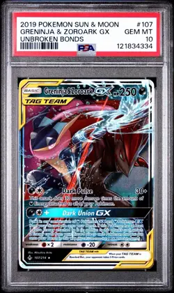 2019 Pokemon Sun & Moon Unbroken Bonds 107 Greninja & Zoroark GX Tag Team PSA 10 - Image 1