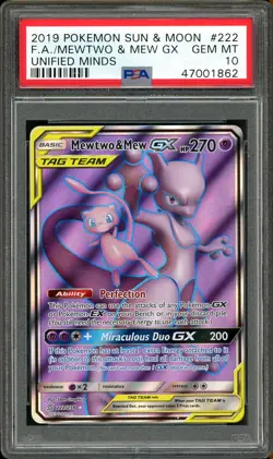 PSA 10 Mewtwo & Mew GX #222 2019 Pokemon Sun & Moon Unified Minds Gem Mint - Image 1