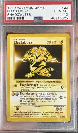 Pokemon Base Set 1999 Shadowless Electabuzz PSA 10 Gem Mint 20/102 - Image 1