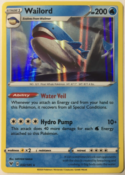 POKEMON WAILORD 032/185 SWORD & SHIELD VIVID VOLTAGE RARE HOLO NEAR MINT - Image 1