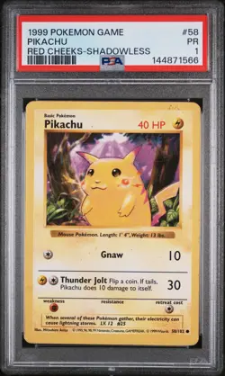 1999 POKEMON BASE SET SHADOWLESS RED CHEEKS-SHADOWLESS #58 PIKACHU PSA 1 - Image 1
